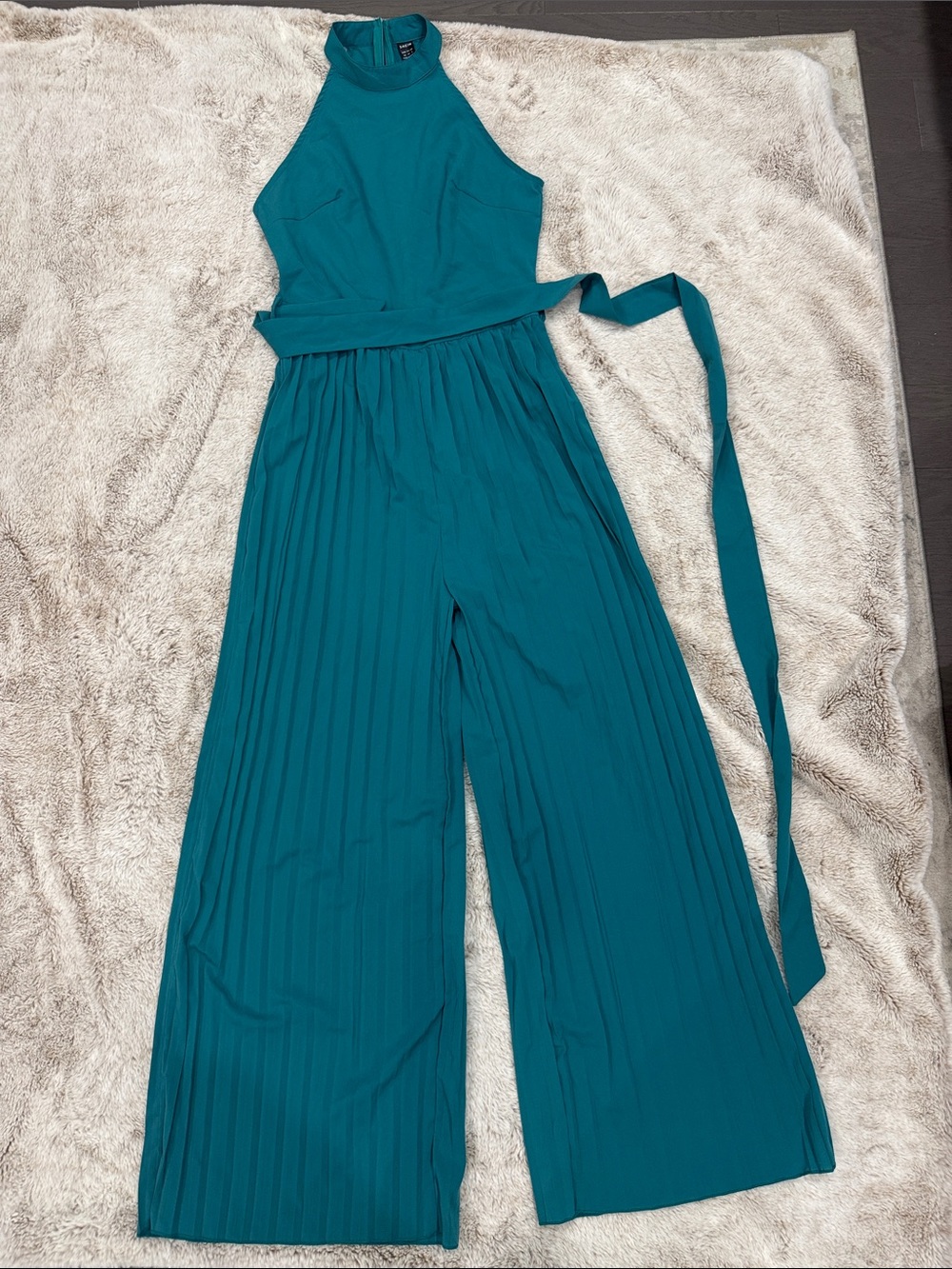 SHEIN Teal Halter Pleated Wide-Leg Jumpsuit with Self-Tie Waist